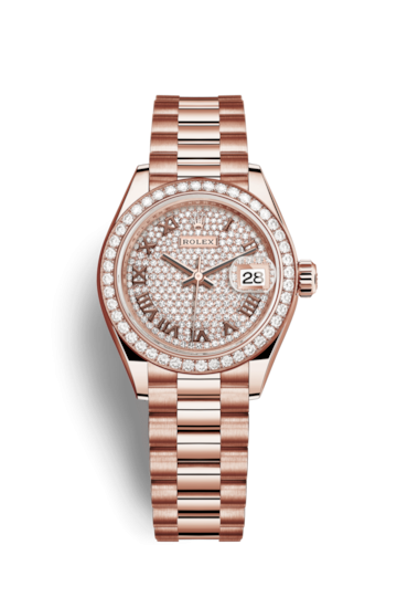 Rolex 279135RBR-0021 : Lady-Datejust 28 Everose Diamond / President / Paved Roman