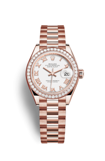 Rolex 279135RBR-0023 : Lady-Datejust 28 Everose Diamond / President / White Roman