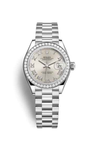 Rolex 279136rbr-0007 : Lady-Datejust 28 Platinum Diamond / President / Silver Roman