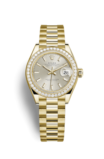 Rolex 279138RBR-0005 : Lady-Datejust 28 Yellow Gold Diamond / President / Silver