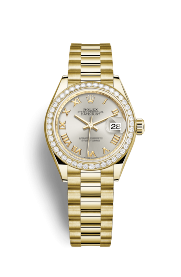 Rolex 279138RBR-0017 : Lady-Datejust 28 Yellow Gold Diamond / President / Silver Roman