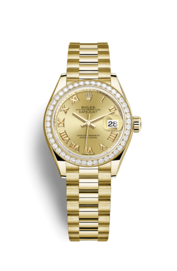 Rolex 279138RBR-0021 : Lady-Datejust 28 Yellow Gold Diamond / President / Champagne Roman