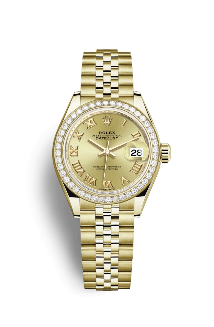 Rolex 279138RBR-0022 : Lady-Datejust 28 Yellow Gold Diamond / Jubilee / Champagne Roman
