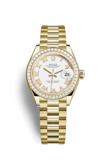 Rolex 279138RBR-0031 : Lady-Datejust 28 Yellow Gold Diamond / President / White Roman