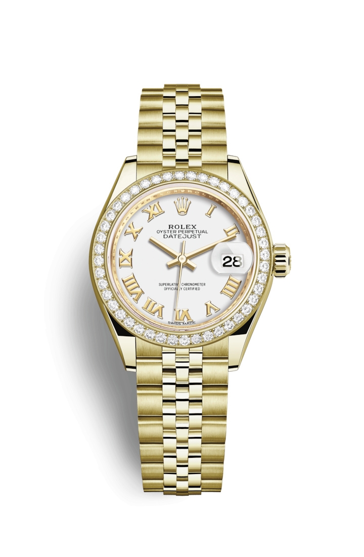 Rolex 279138RBR-0032 : Lady-Datejust 28 Yellow Gold Diamond / President / White Roman