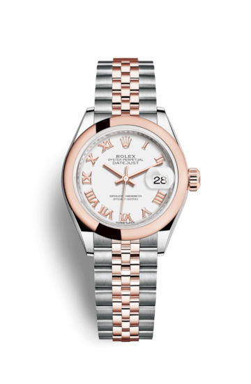 Rolex 279161-0021 : Lady-Datejust 28 Rolesor Rose Domed / Jubilee / White Roman