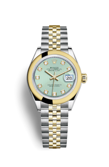 Rolex 279163-0015 : Lady-Datejust 28 Rolesor Yellow Domed / Jubilee / Mint Green Tuxedo