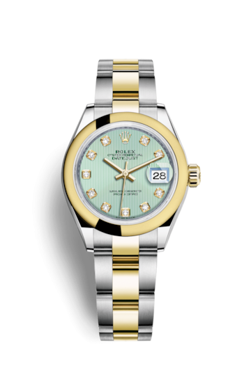 Rolex 279163-0016 : Lady-Datejust 28 Rolesor Yellow Domed / Oyster / Mint Green Tuxedo