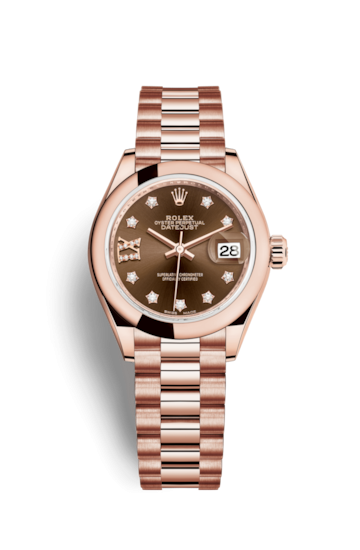 Rolex 279165-0002 : Lady-Datejust 28 Everose Domed  / President / Chocolate Diamond