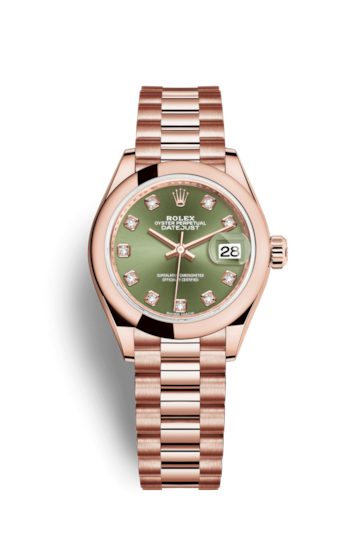 Rolex 279165-0011 : Lady-Datejust 28 Everose Domed / President /  Olive Green Diamond