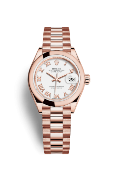 Rolex 279165-0021 : Lady-Datejust 28 Everose Domed  / President  / White Roman