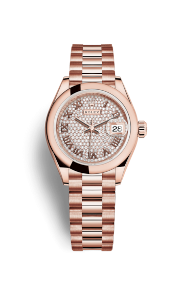 Rolex 279165-0023 : Lady-Datejust 28 Everose Domed / President /  Paved Roman