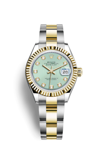 Rolex 279173-0016 : Lady-Datejust 28 Rolesor Yellow Fluted / Oyster / Mint Green Tuxedo