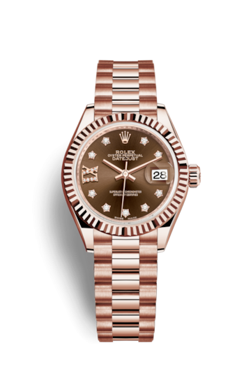 Rolex 279175-0002 : Lady-Datejust 28 Everose Fluted  / President / Chocolate Diamond