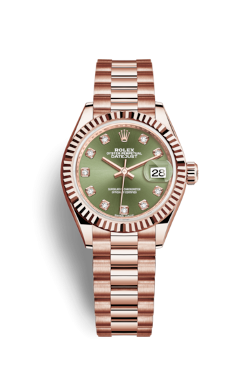 Rolex 279175-0009 : Lady-Datejust 28 Everose Fluted  / President / Olive Green Diamond