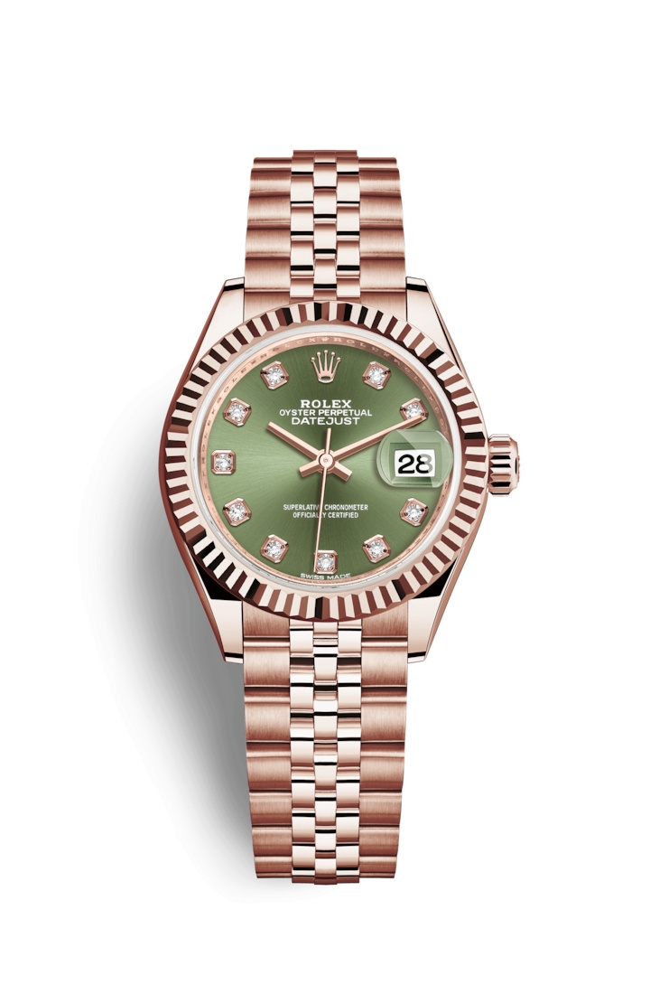 Rolex 279175-0013 : Lady-Datejust 28 Everose Fluted  / Jubilee / Olive Green Diamond