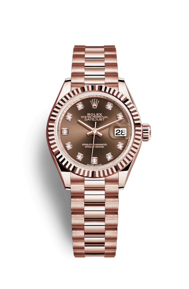 Rolex 279175-0016 : Lady-Datejust 28 Everose Fluted / President / Chocolate Diamond