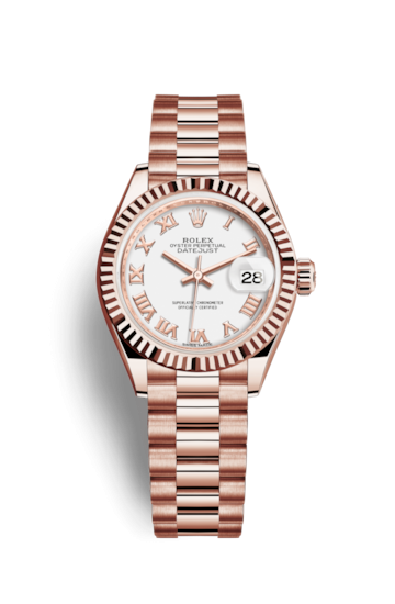 Rolex 279175-0021 : Lady-Datejust 28 Everose Fluted / President / White Roman