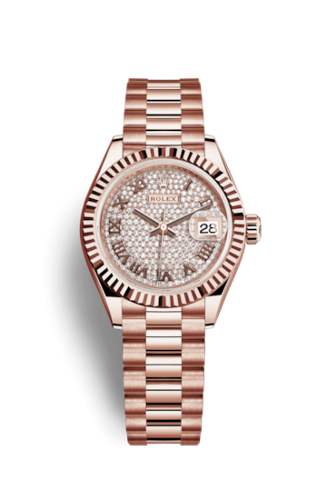 Rolex 279175-0023 : Lady-Datejust 28 Everose Fluted / President / Paved Roman