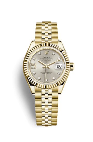 Rolex 279178-0004 : Lady-Datejust 28 Yellow Gold Fluted / Jubilee / Silver Diamond