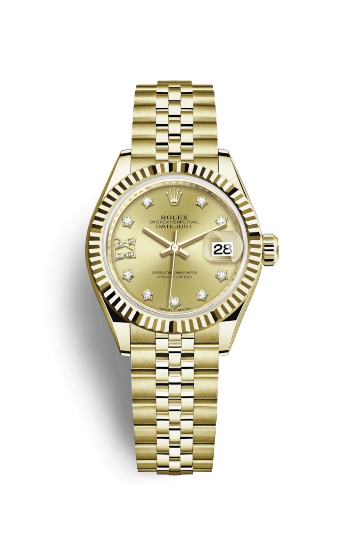 Rolex 279178-0014 : Lady-Datejust 28 Yellow Gold Fluted / Jubilee / Champagne Diamond