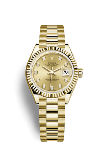 Rolex 279178-0017 : Lady-Datejust 28 Yellow Gold Fluted / President / Champagne Diamond