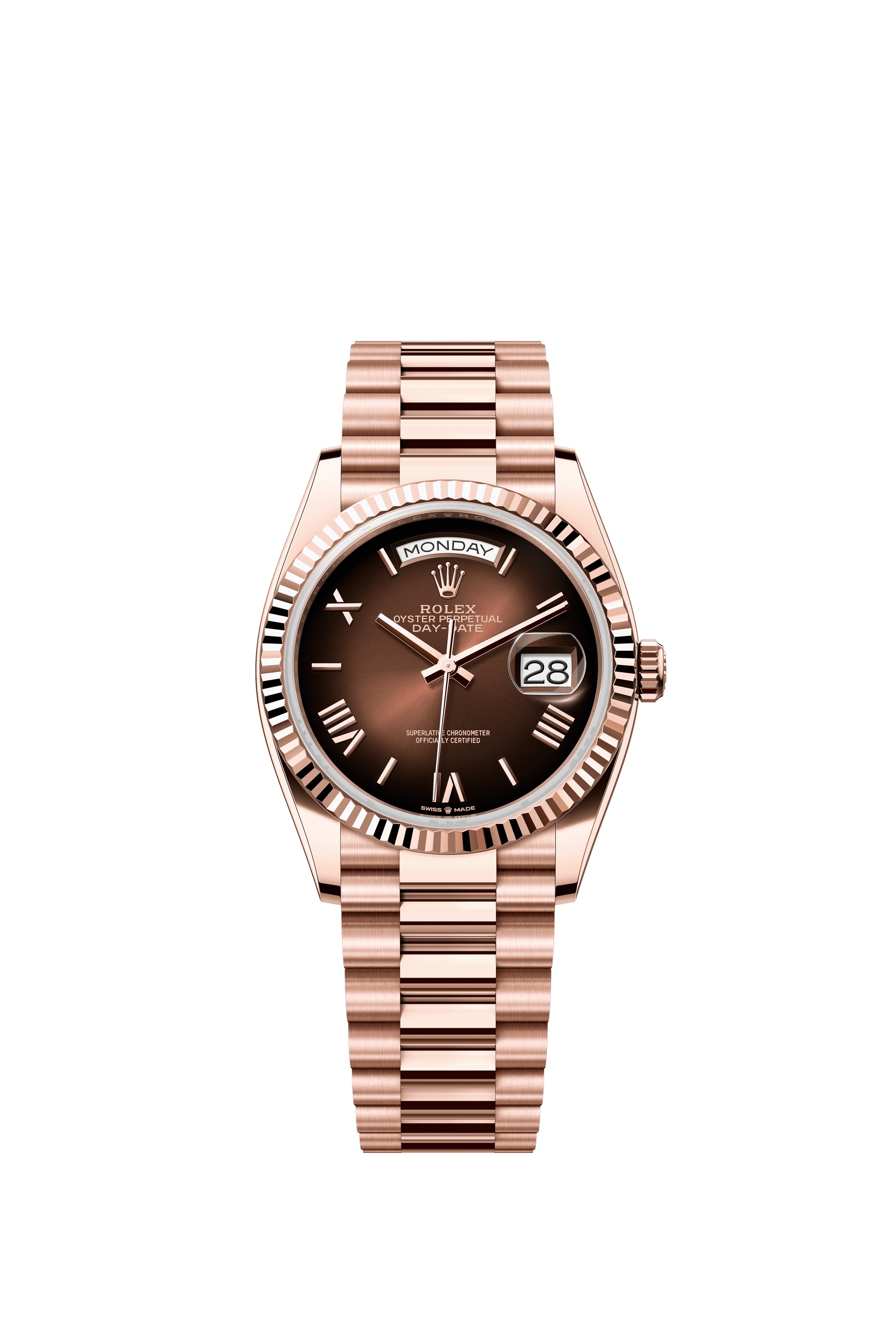 Rolex 28235-0075 : Day-Date 36 Everose Gold - Fluted / Brown Ombré - Roman / President