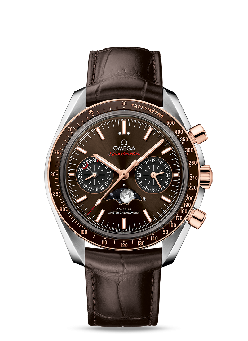 Omega 304.23.44.52.13.001 : Speedmaster Moonphase Chronograph Master Chronometer Stainless Steel / Sedna Gold  / Brown