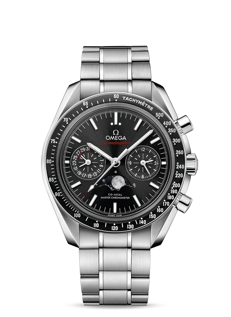 Omega 304.30.44.52.01.001 : Speedmaster Moonphase Chronograph Master Chronometer Stainless Steel / Black / Bracelet