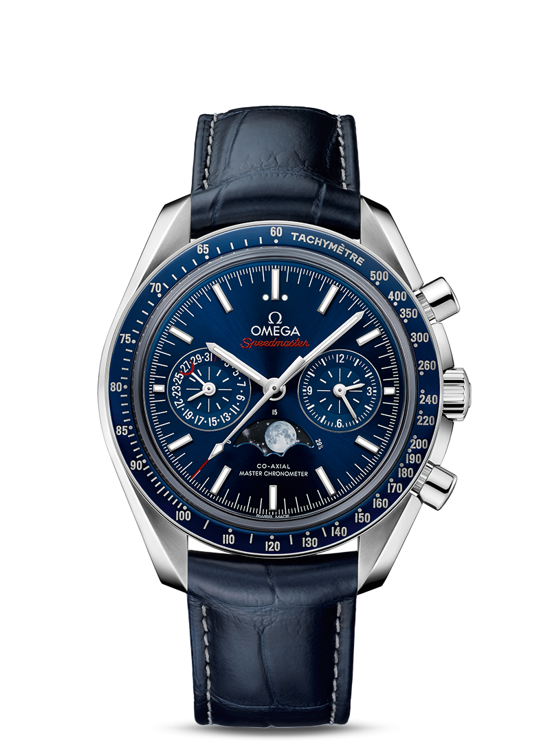 Omega 304.33.44.52.03.001 : Speedmaster Moonphase Chronograph Master Chronometer Stainless Steel / Blue / Alligator