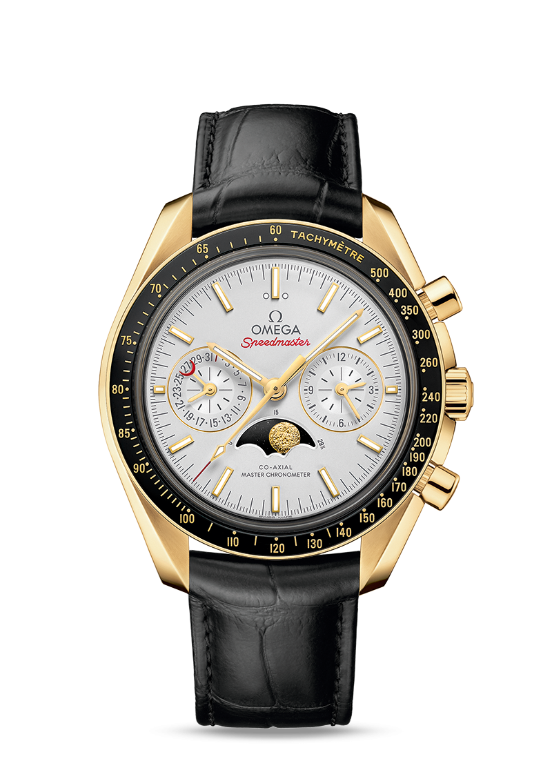 Omega 304.63.44.52.02.001 : Speedmaster Moonphase Chronograph Master Chronometer Yellow Gold / Silver