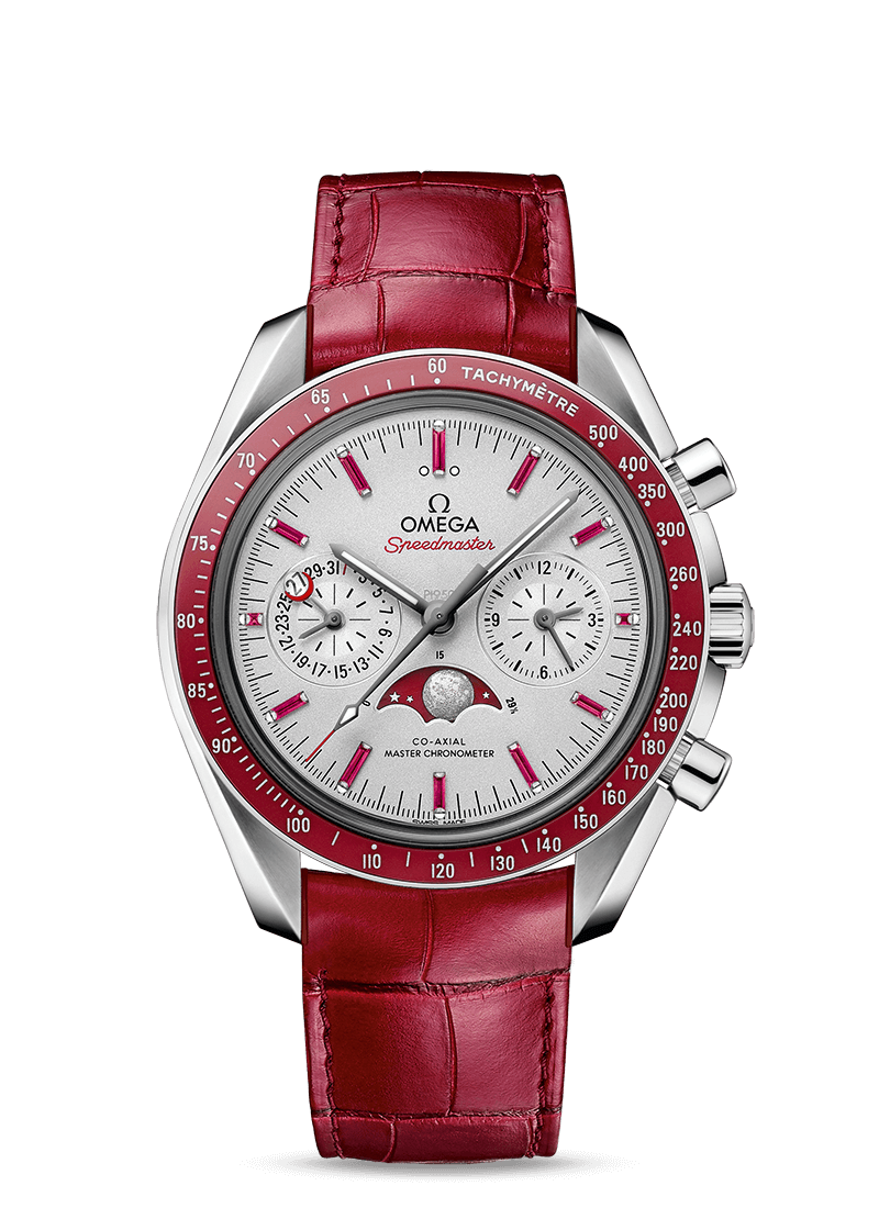 Omega 304.93.44.52.99.002 : Speedmaster Moonphase Chronograph Master Chronometer Platinum / Silver / Ruby