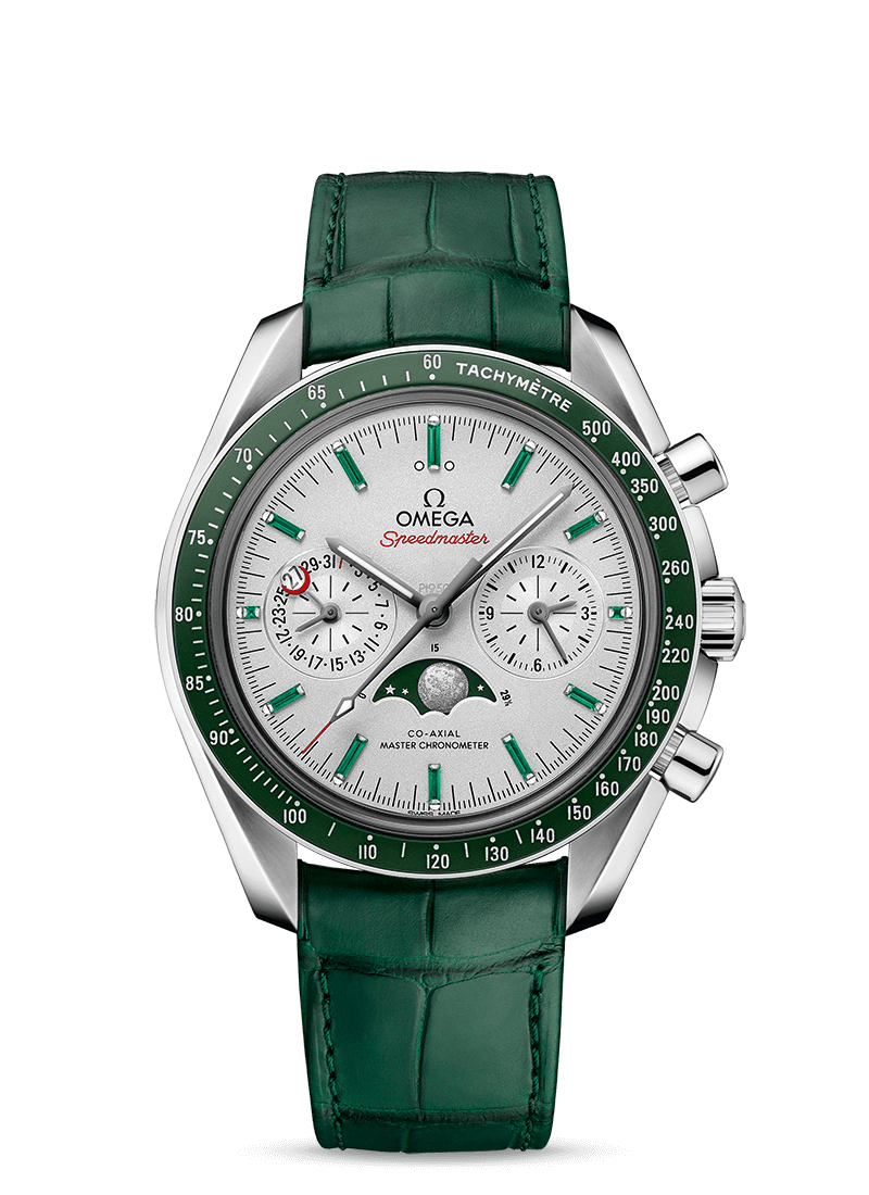 Omega 304.93.44.52.99.003 : Speedmaster Moonphase Chronograph Master Chronometer Platinum / Silver / Emerald