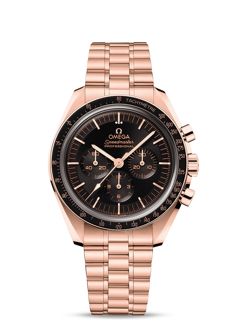 Omega 310.60.42.50.01.001 : Speedmaster Professional Moonwatch 3861 Sedna Gold / Black / Bracelet
