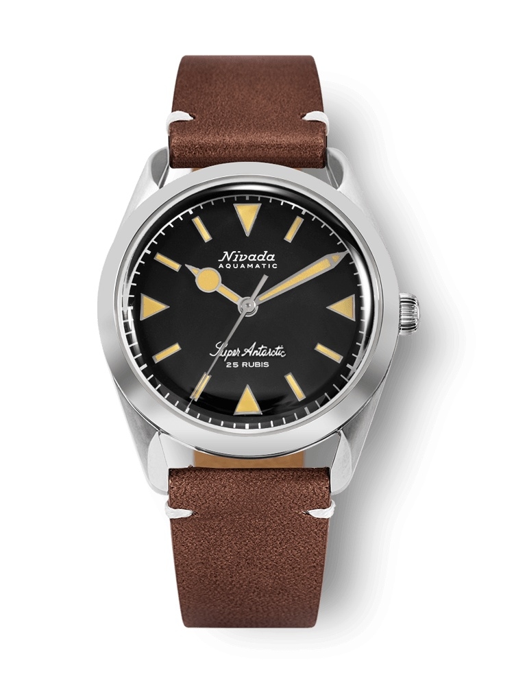 Nivada Grenchen 32024A02 : Super Antarctic Black - Yellow Luminova / Stainless Steel / Brown - White