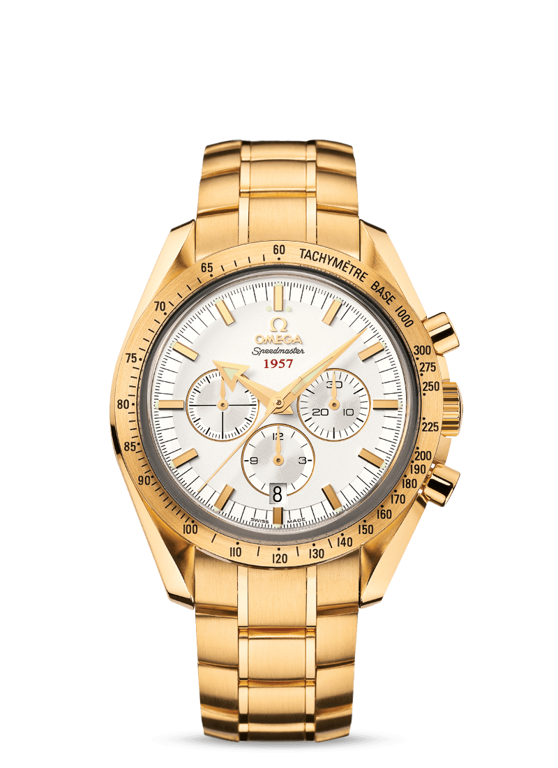Omega 321.50.42.50.02.001 : Speedmaster Broad Arrow 1957 Yellow Gold / Silver / Bracelet
