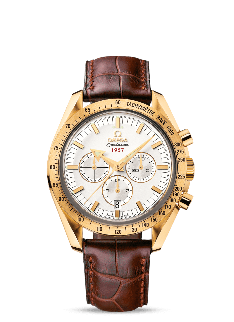 Omega 321.53.42.50.02.001 : Speedmaster Broad Arrow 1957 Yellow Gold / Silver
