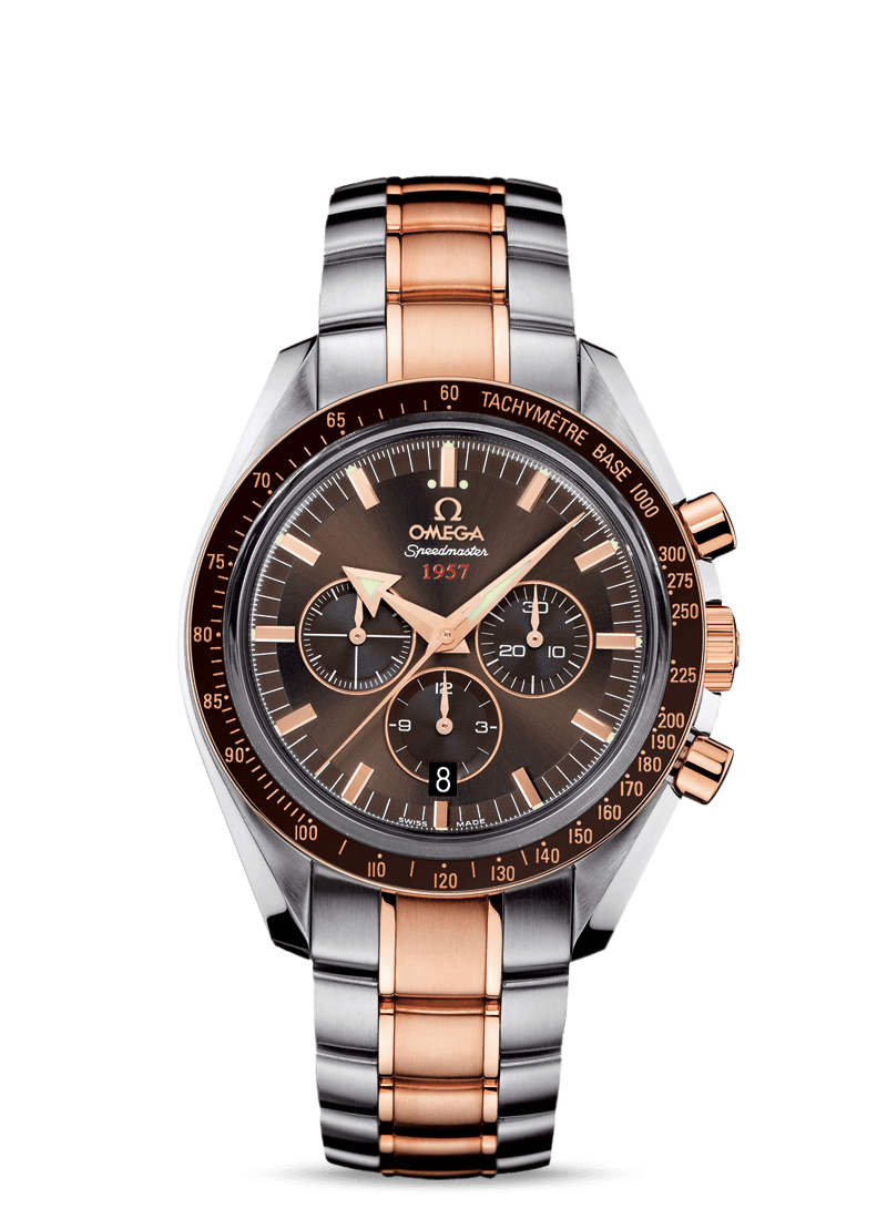 Omega 321.90.42.50.13.001 : Speedmaster Broad Arrow 1957 Stainless Steel / Red Gold / Brown / Bracelet