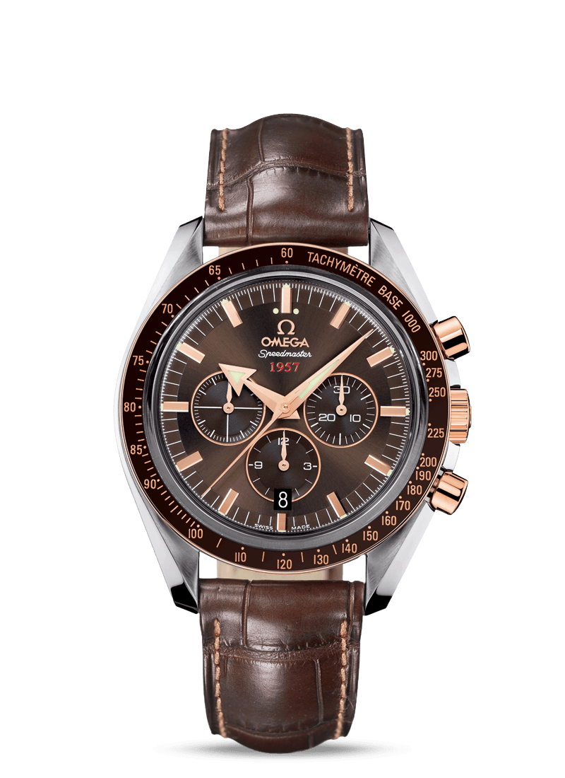 Omega 321.93.42.50.13.001 : Speedmaster Broad Arrow 1957 Stainless Steel / Red Gold / Brown
