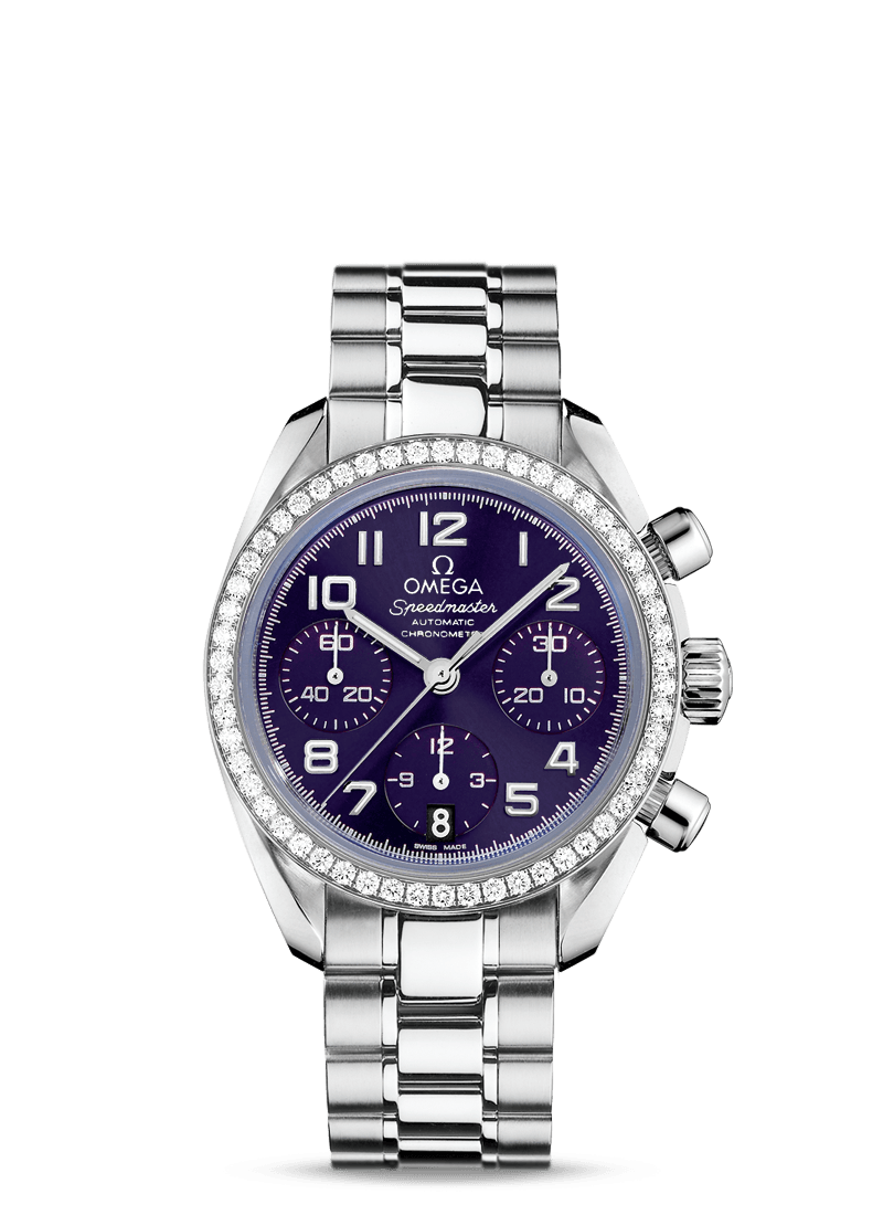 Omega 324.15.38.40.10.001 : Speedmaster Date 38 Stainless Steel / Diamond / Purple / Bracelet