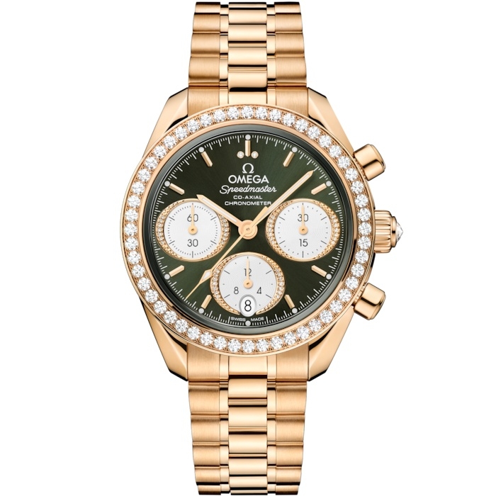 Omega 324.55.38.50.60.001 : Speedmaster Date 38 Moonshine Gold - Diamond / Green / Bracelet