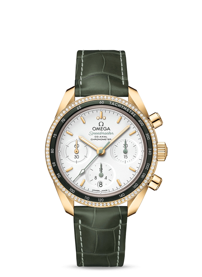 Omega 324.68.38.50.02.004 : Speedmaster Co-Axial 38 Yellow Gold / Diamond / Silver / Strap