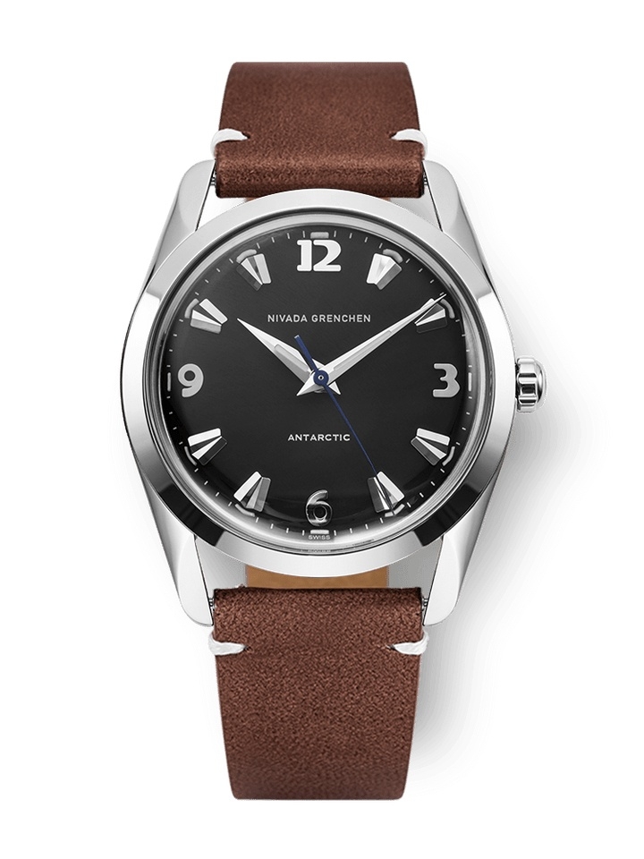 Nivada Grenchen 35002M14 : Antarctic 35 Black - White Luminova / Stainless Steel / Brown - White