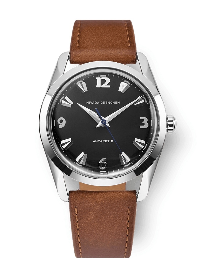 Nivada Grenchen 35002M16 : Antarctic 35 Black - White Luminova / Stainless Steel / Brown