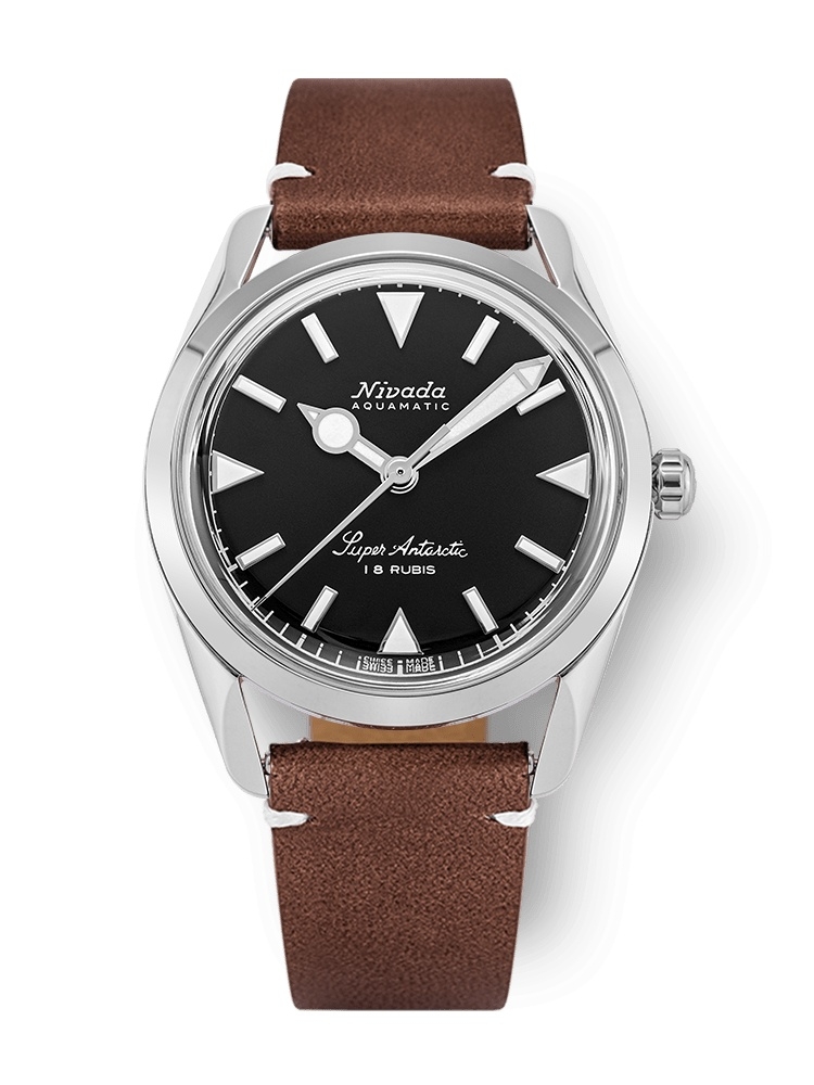 Nivada Grenchen 35014M14 : Super Antarctic 35 Black - White Luminova / Stainless Steel / Brown - White