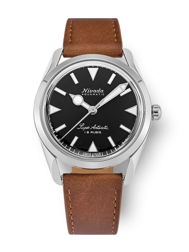 Nivada Grenchen 35014M16 : Super Antarctic 35 Black - White Luminova / Stainless Steel / Brown