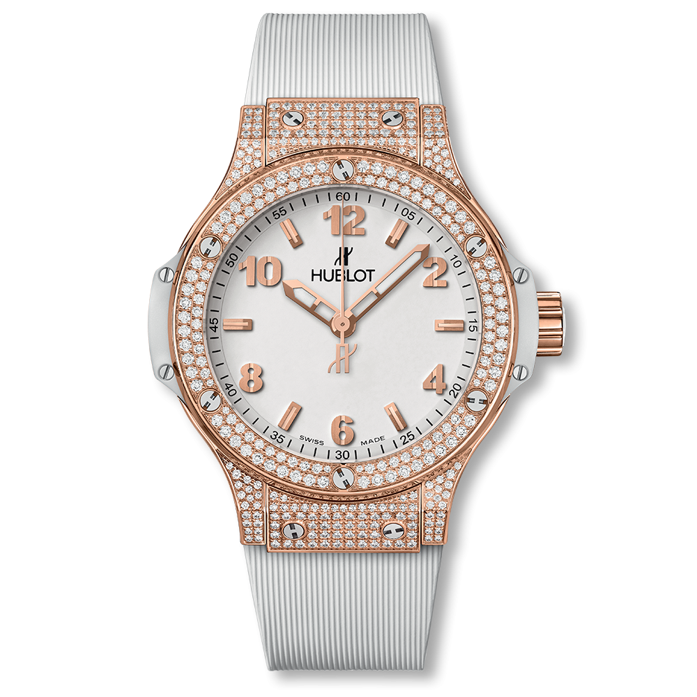Hublot 361.PE.2010.RW.1704 : Big Bang 38 Quartz Red Gold - Pavé / White / Rubber