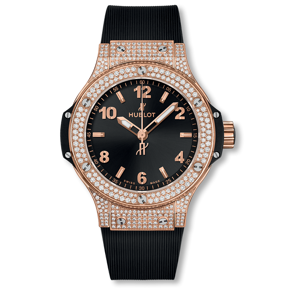 Hublot 361.PX.1280.RX.1704 : Big Bang 38 Quartz Red Gold - Pavé / Black / Rubber