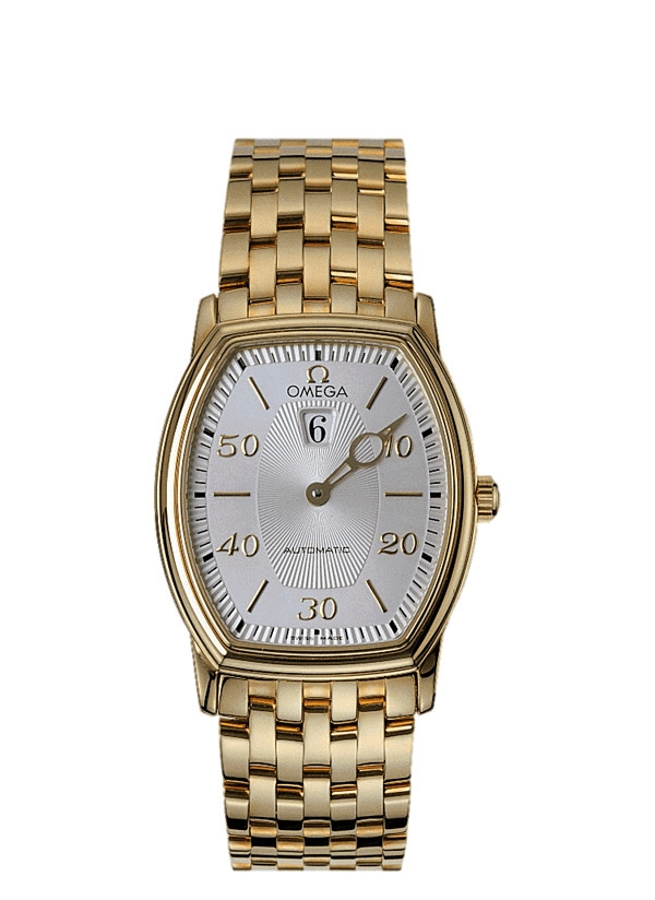 Omega 4153.31.00 : De Ville Tonneau Automatic Jump Hour Yellow Gold / Silver / Bracelet