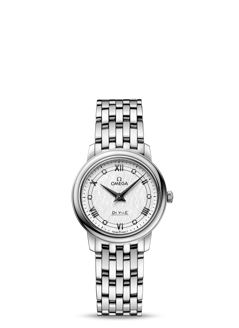 Omega 424.10.27.60.52.002 : De Ville Prestige Quartz 27.4 Stainless Steel / Vintage Silver Silk  / Bracelet